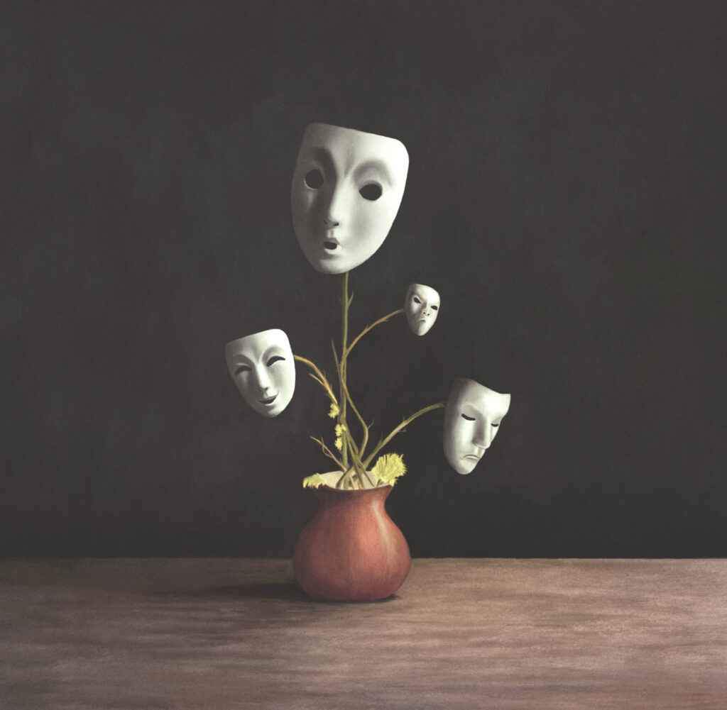 Illustration of plant that grows blossoming in surreal theatrical