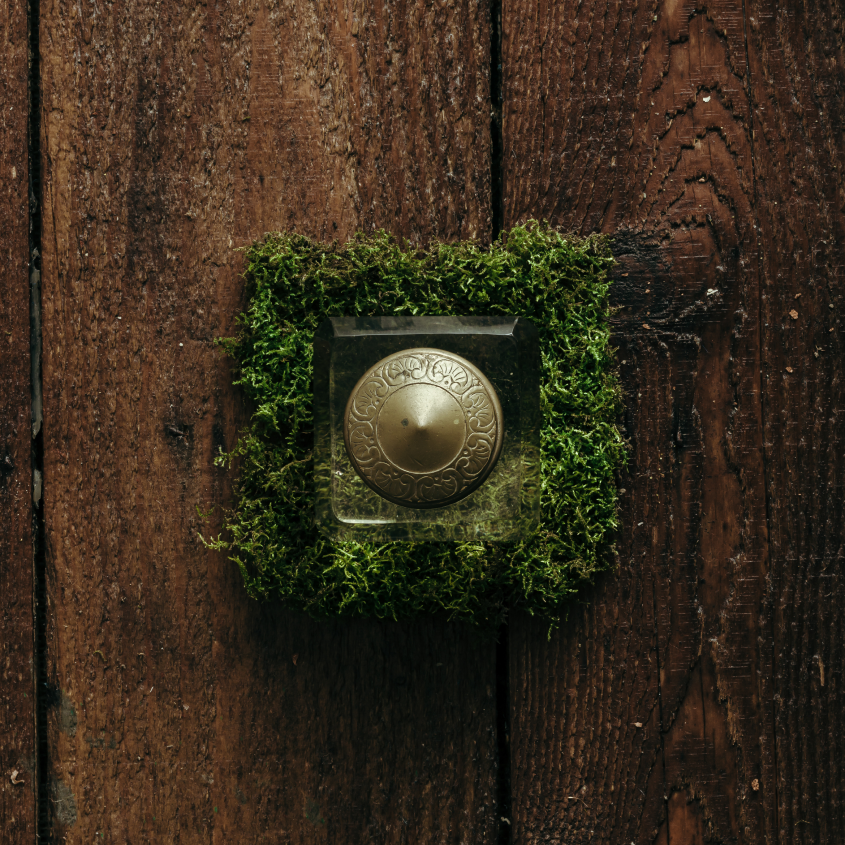 a square of moss, with an ornament, upon a wood plank
