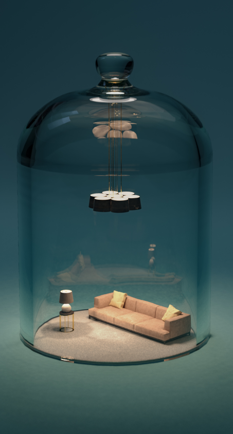 a miniature living room within a glass enclosure
