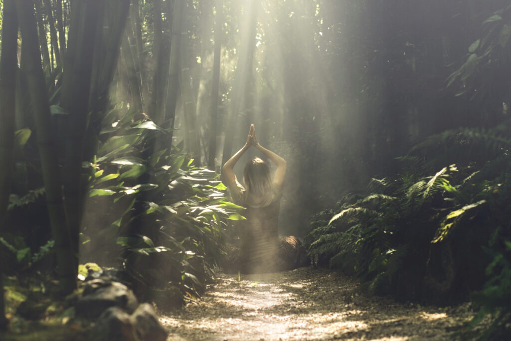Woman meditating in a bamboo forest.
